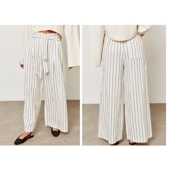 Mango Pants - Mango Linen Blend Striped Wide Leg Belted Cropped Pants High Rise Nautical Sz 2